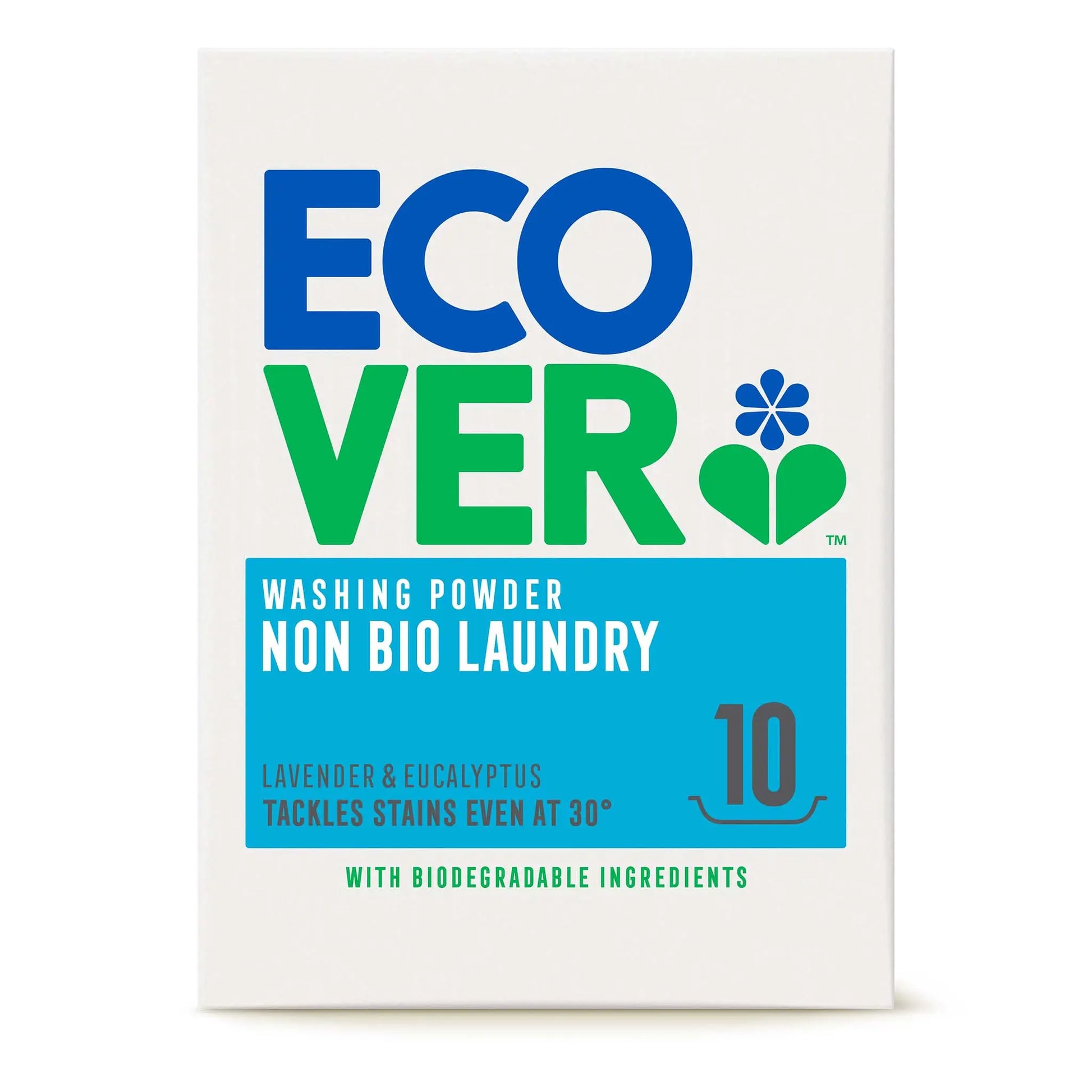 Ecover Non-Bio Laundry Washing Powder lavender & eucalyptus 750g or 10 washes in a cardboard box.