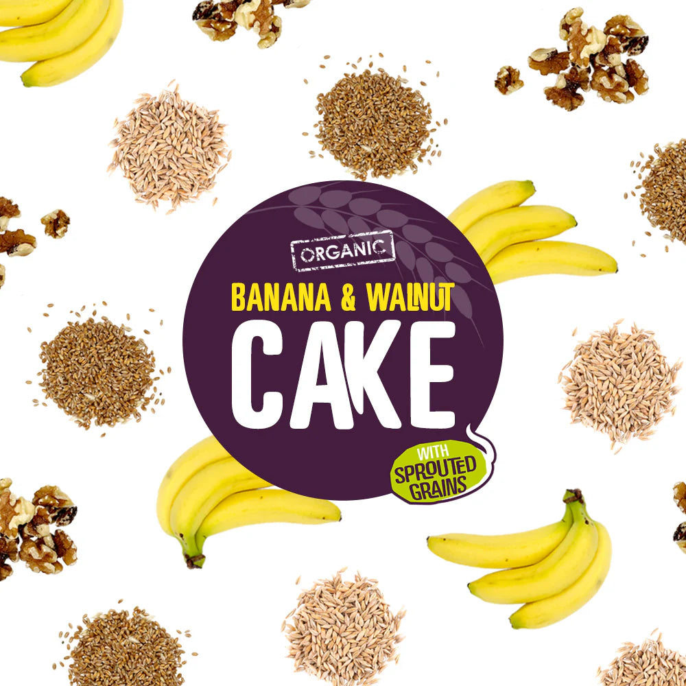 Everfresh organic banana and walnut cake label with sprouted grains, featuring bananas and seeds on a white background.