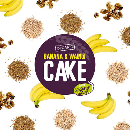 Everfresh organic banana and walnut cake label with sprouted grains, featuring bananas and seeds on a white background.