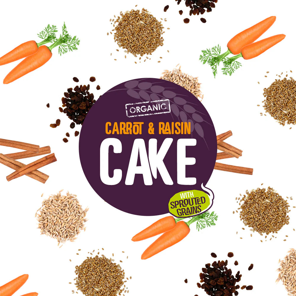 Everfresh label for organic carrot and raisin cake with sprouted grains surrounded by carrots, cinnamon sticks, and seeds on a white background.