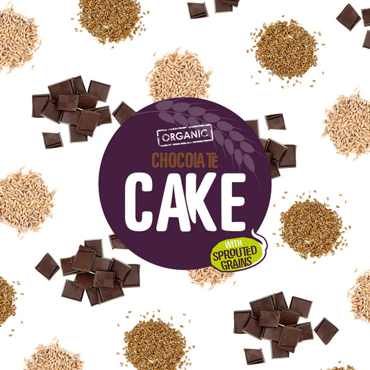 Everfresh chocolate cake label with sprouted grains and chunks of chocolate on a white background.