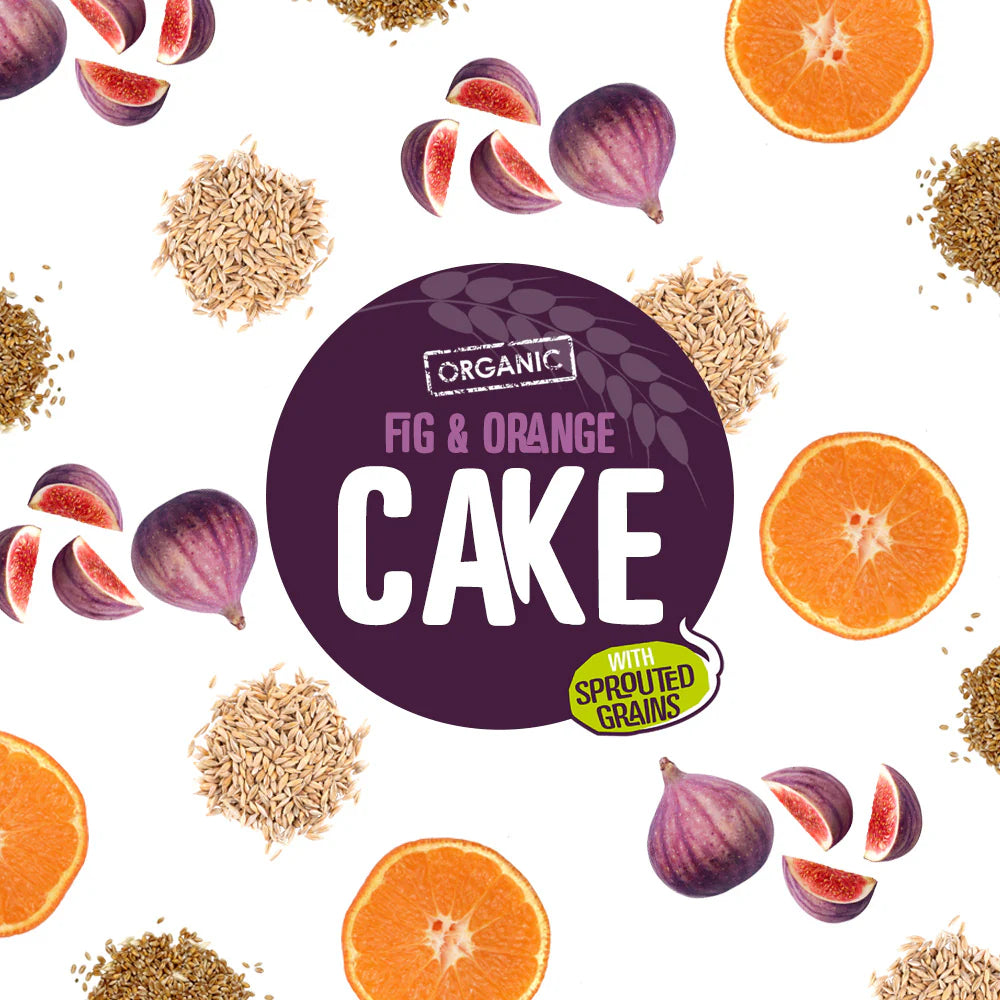 Everfresh fig & orange cake label with figs, oranges, and sprouted grains on a white background.