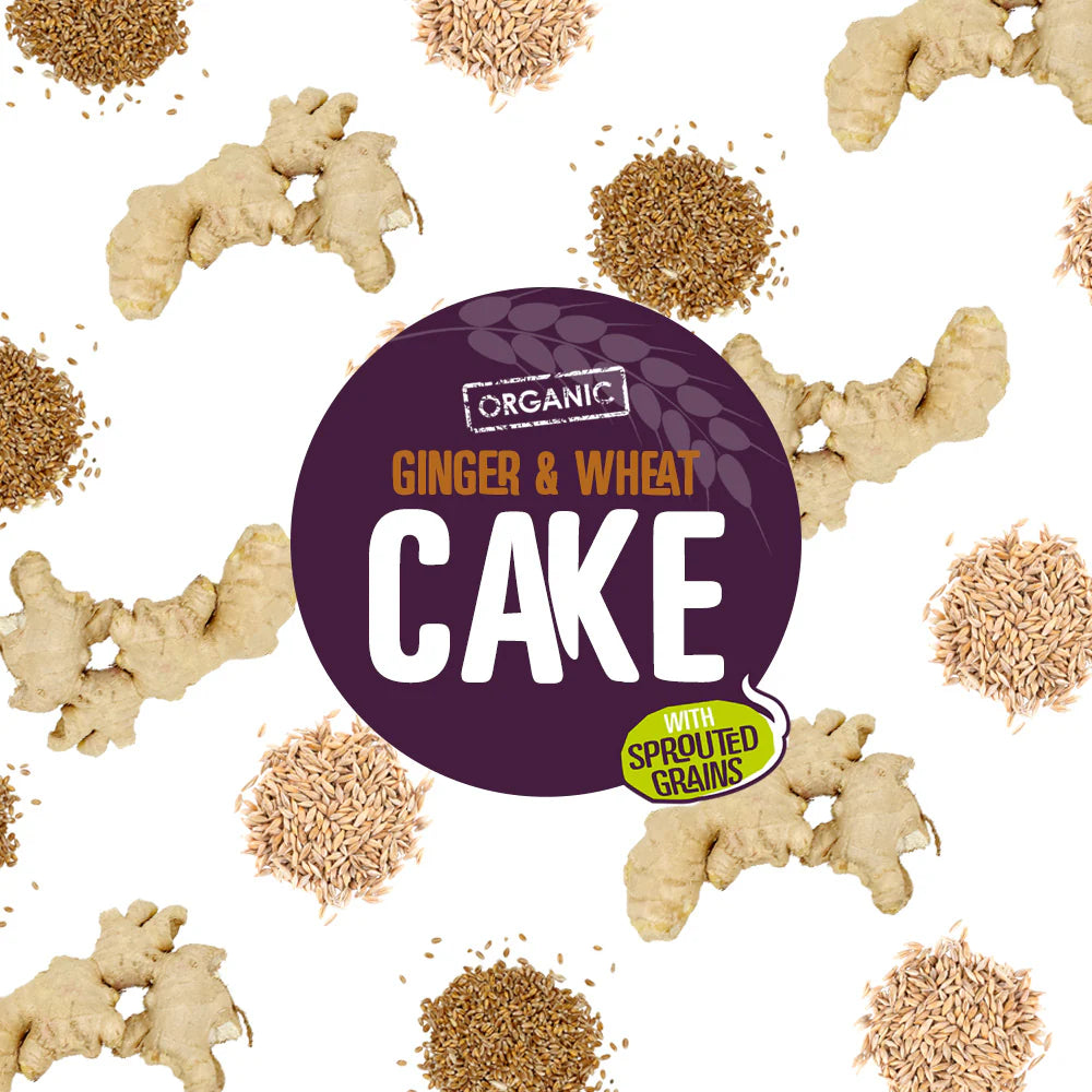 Everfresh ginger & wheat cake label surrounded by ginger pieces and sprouted grains on a white background.