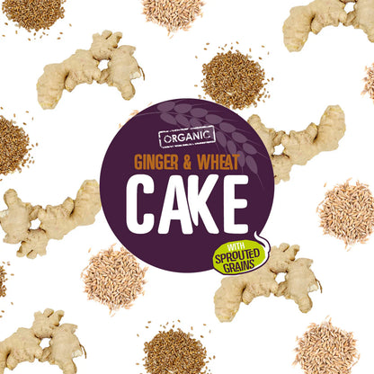 Everfresh ginger & wheat cake label surrounded by ginger pieces and sprouted grains on a white background.