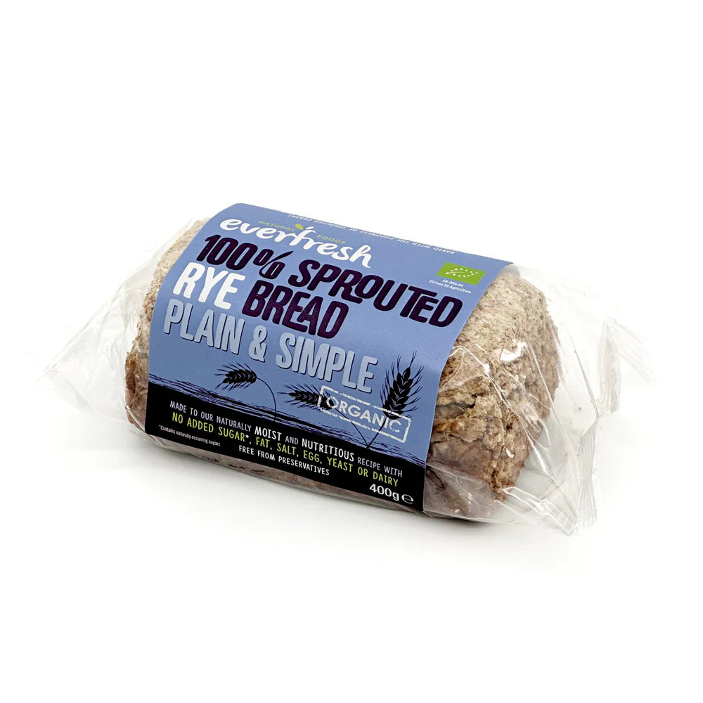 Everfresh packaged organic sprouted rye bread with a blue label on a white background.