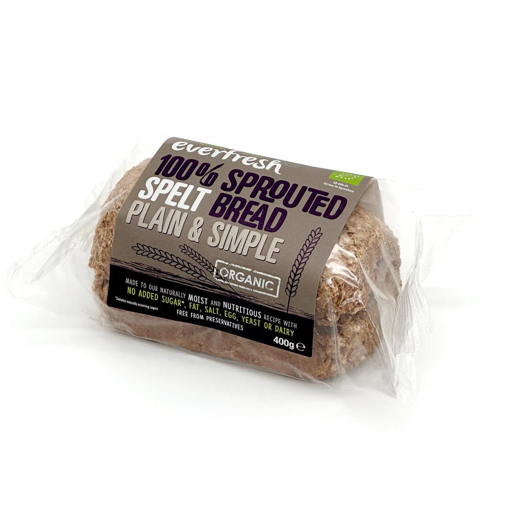 Packaged loaf of organic sprouted spelt bread with 'Everfresh' branding on a white background.