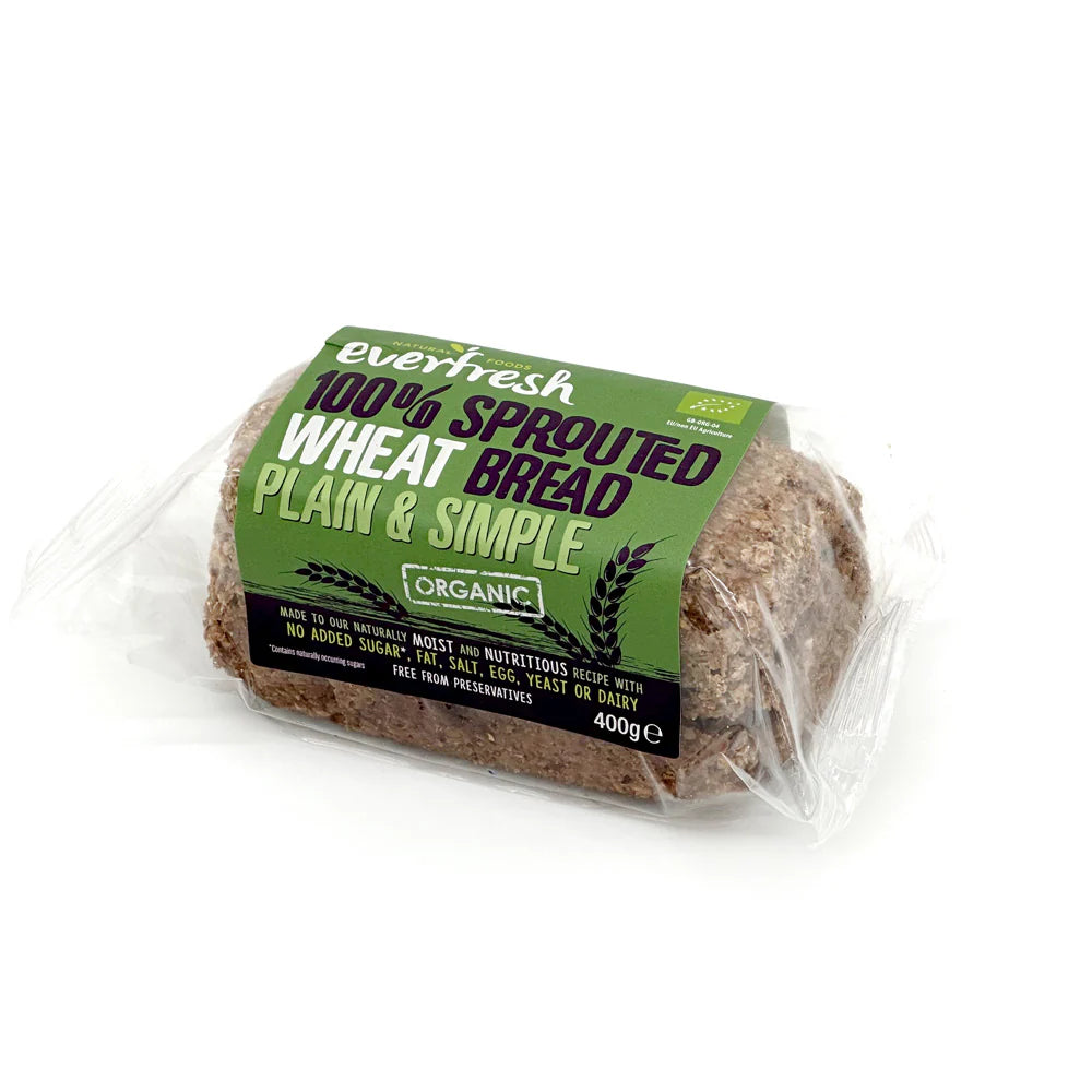 Everfresh packaged loaf of organic sprouted wheat bread with a green label on a white background.