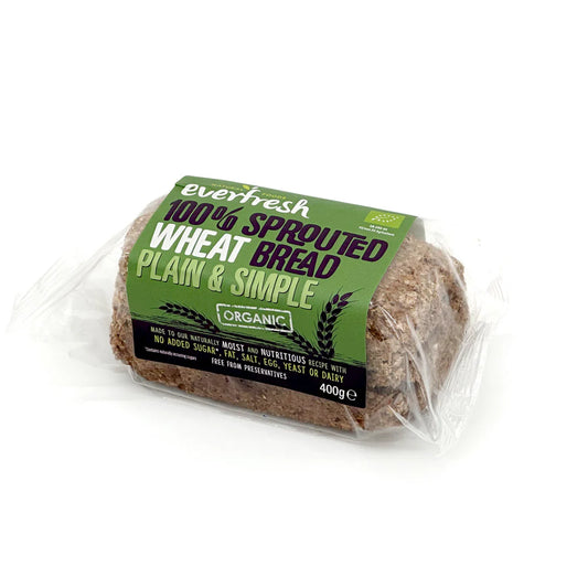 Everfresh packaged loaf of organic sprouted wheat bread with a green label on a white background.