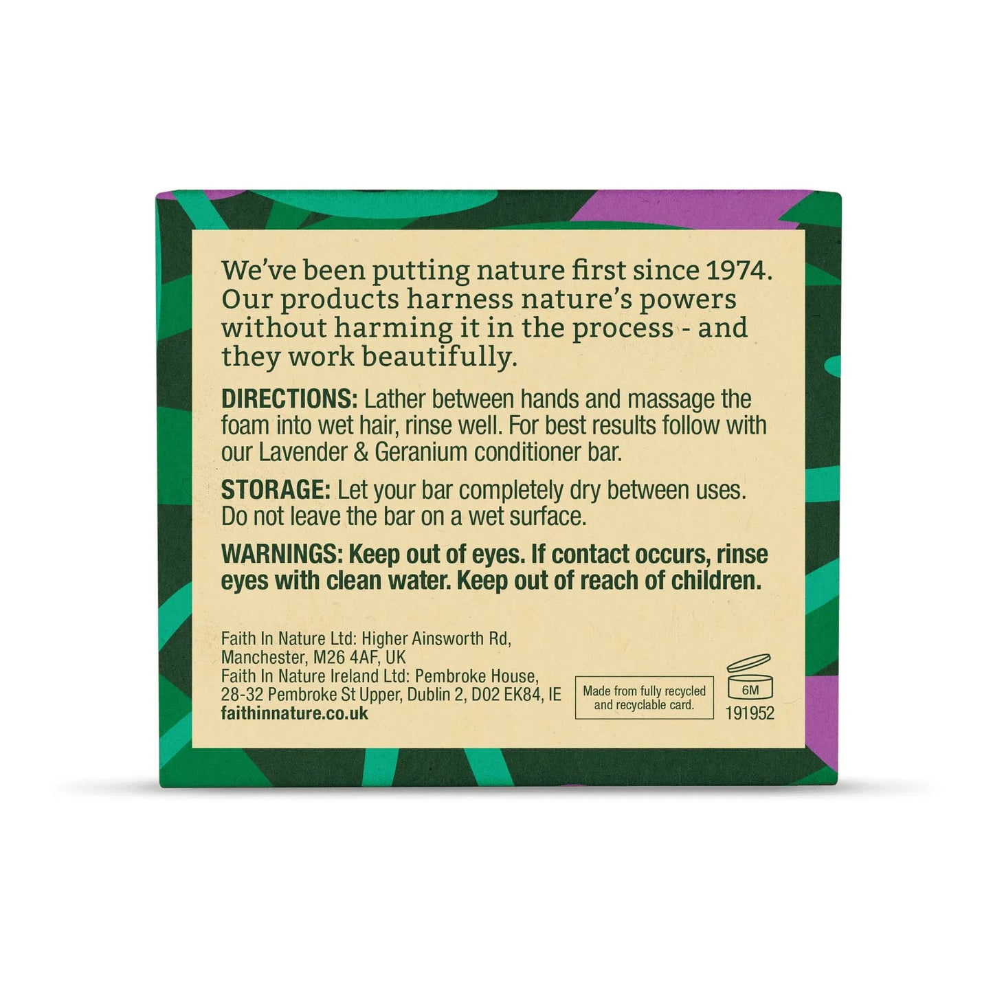 Faith in Nature Lavender & Geranium Shampoo Bar 85g Box Back