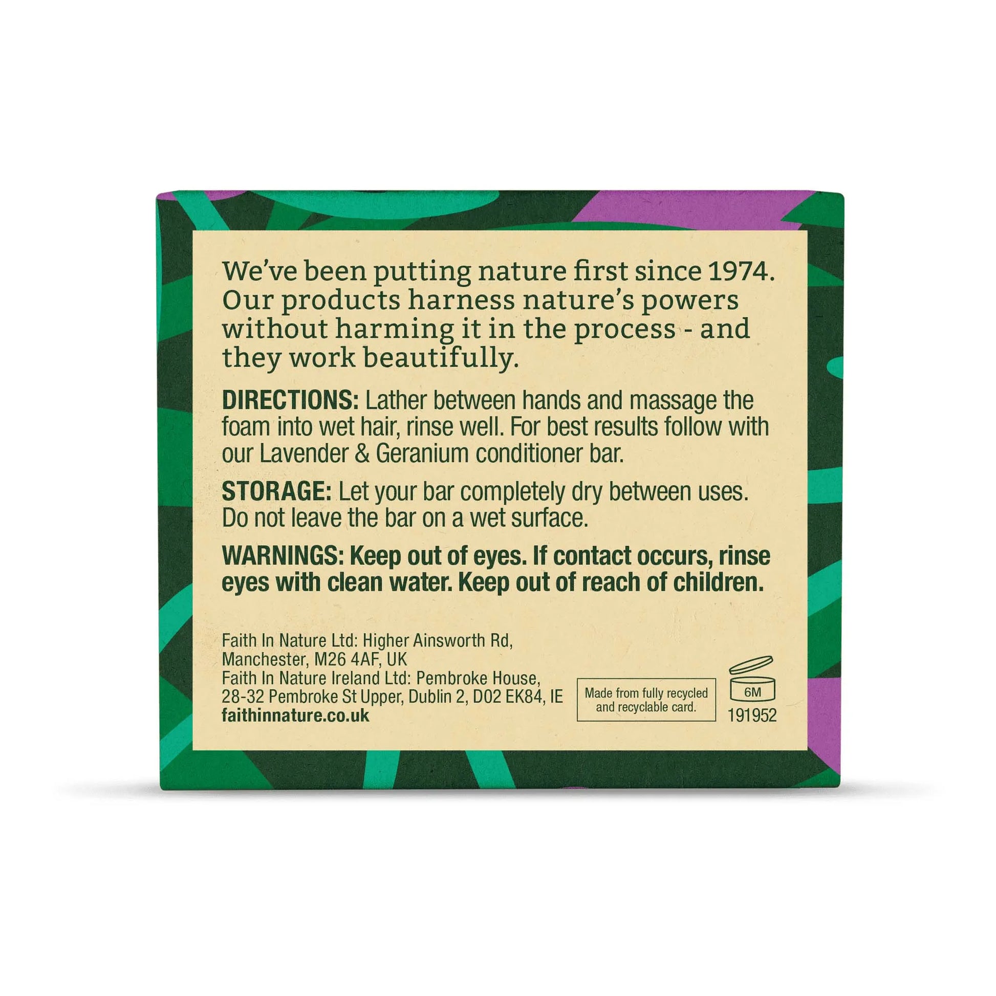 Faith in Nature Lavender & Geranium Shampoo Bar 85g Box Back