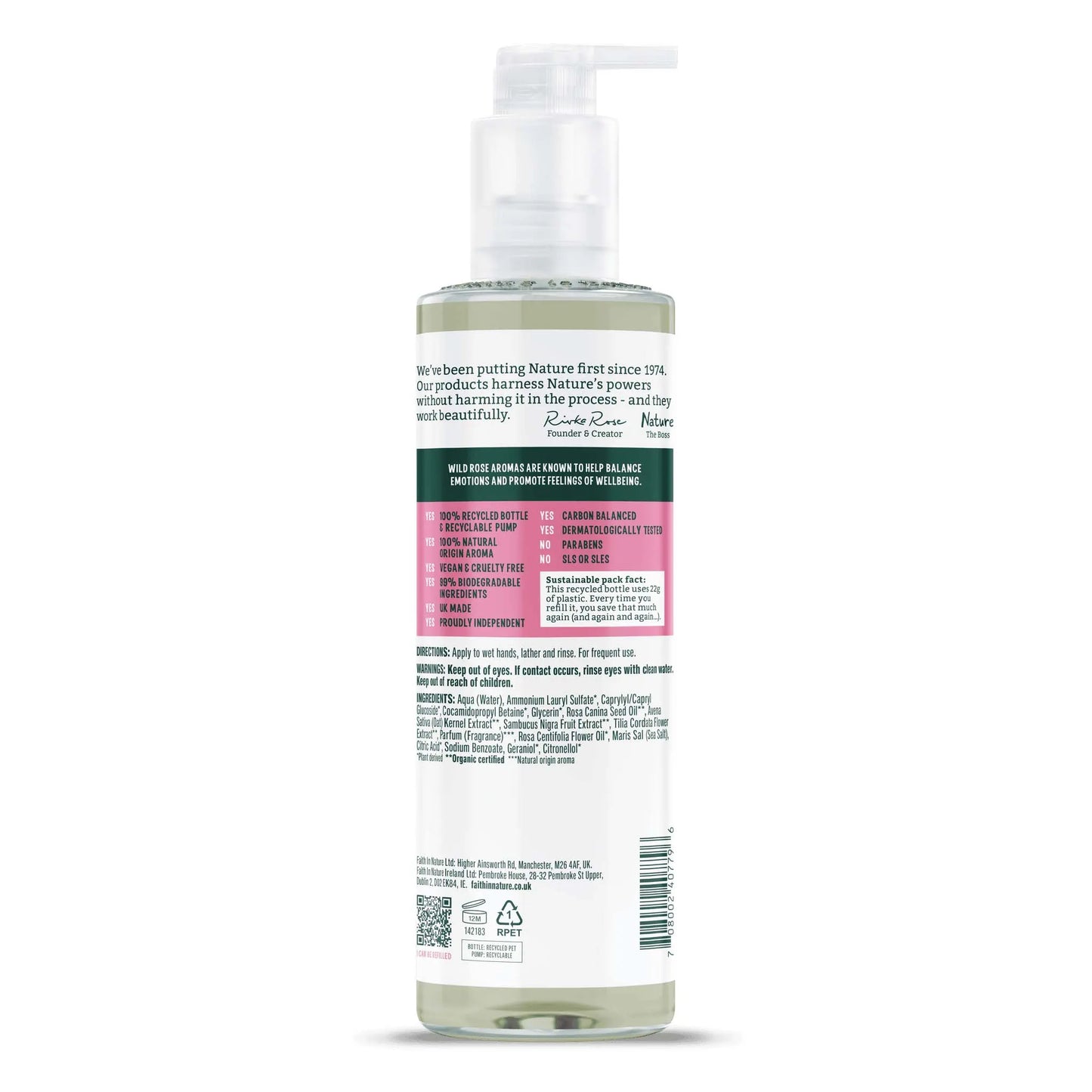 Faith in Nature Wild Rose Hand Wash bottle with pump, featuring organic ingredients for skin nourishment.