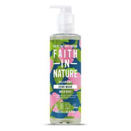 Faith in Nature Wild Rose Hand Wash bottle features organic ingredients for gentle skin cleansing.