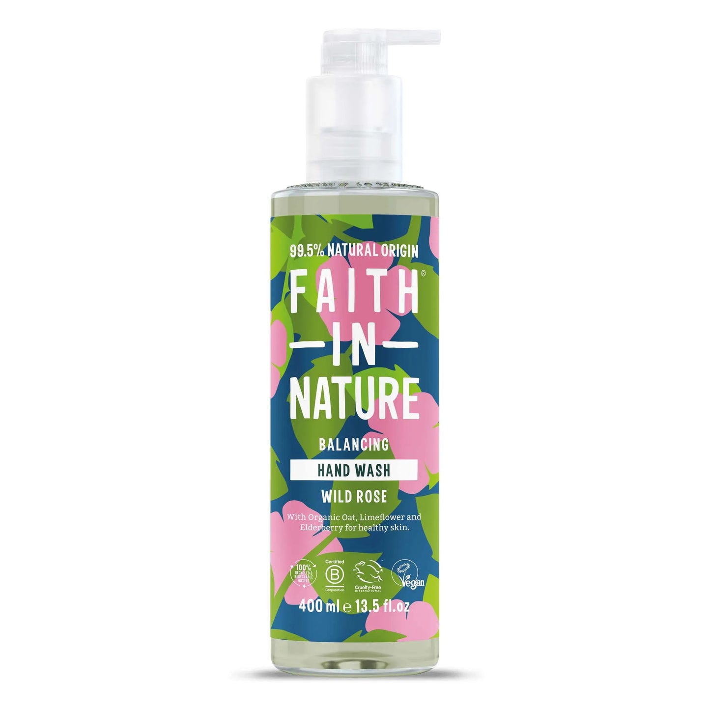 Faith in Nature Wild Rose Hand Wash in a pump bottle, featuring natural ingredients and floral design.