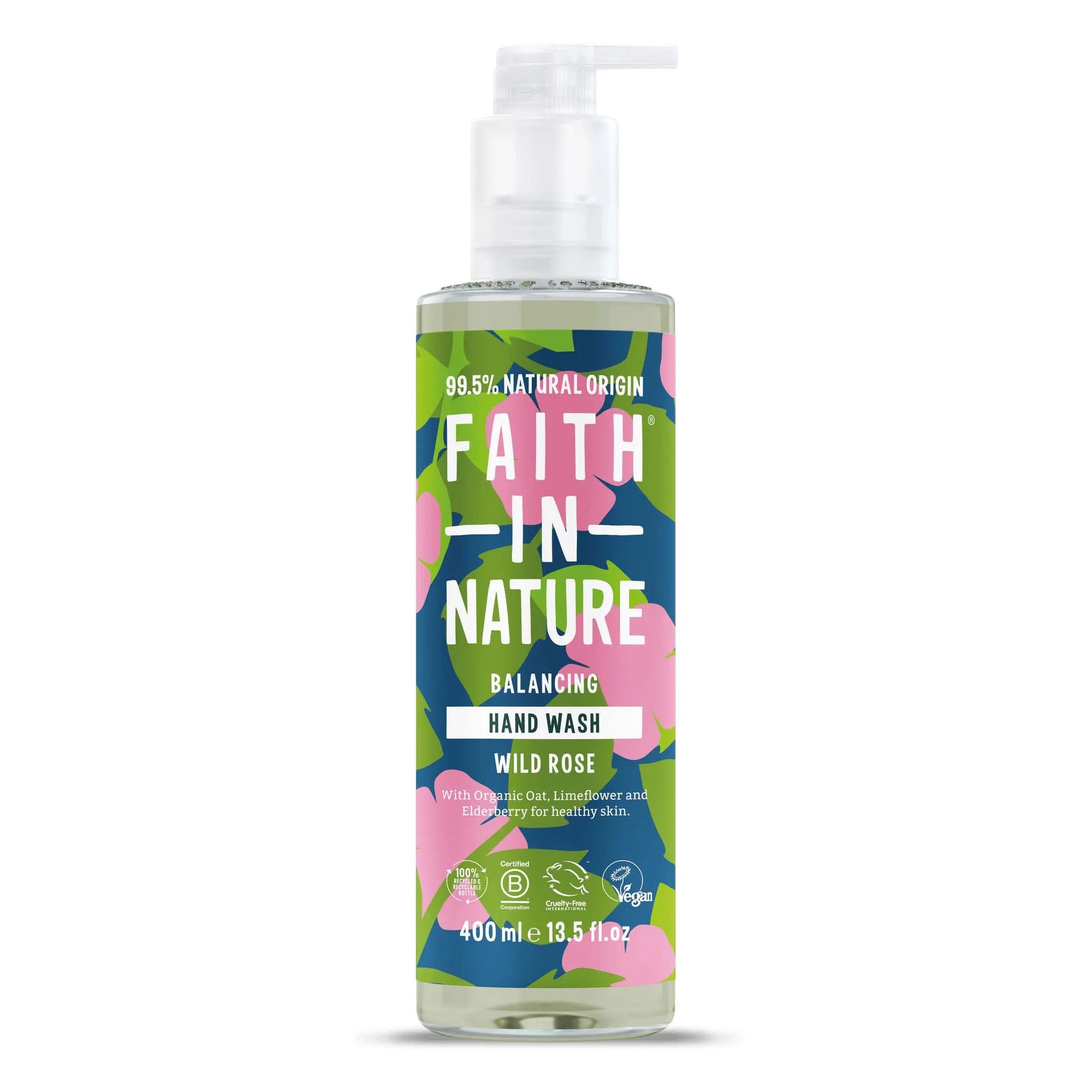 Faith in Nature Wild Rose Hand Wash in a pump bottle, featuring natural ingredients and floral design.