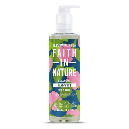 Faith in Nature Wild Rose Hand Wash in a pump bottle, featuring natural ingredients and floral design.