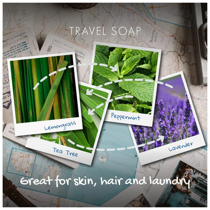 Friendly Soap All in One Travel soap with images of lemongrass, peppermint, and lavender on a map background.