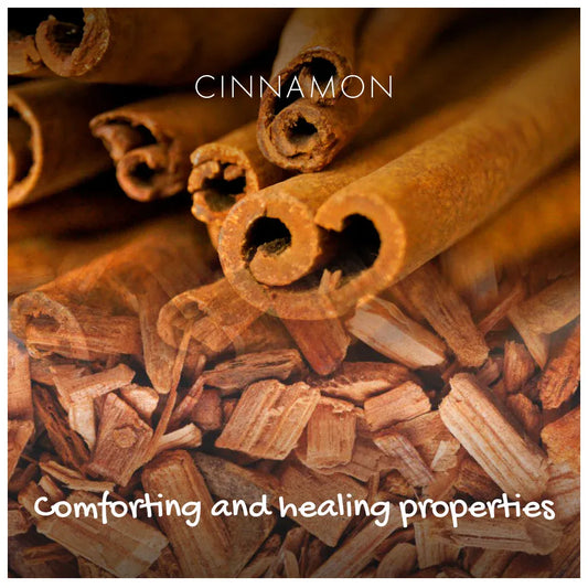 Close-up of cinnamon sticks with text 'CINNAMON' and 'Comforting and healing properties'.