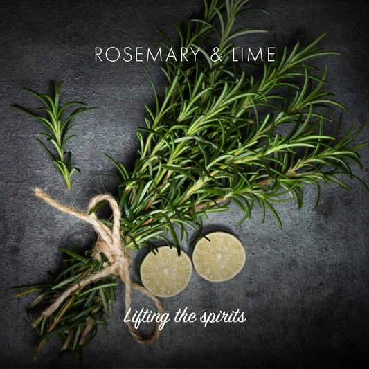 Rosemary and lime leaves with two round objects on a dark background, labeled 'Rosemary & Lime'.