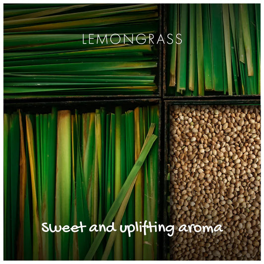Lemongrass with text 'Sweet and uplifting aroma' on a green lemongrass background