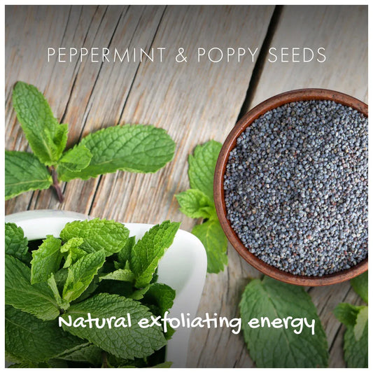 Peppermint leaves and poppy seeds on a wooden surface with text overlay.