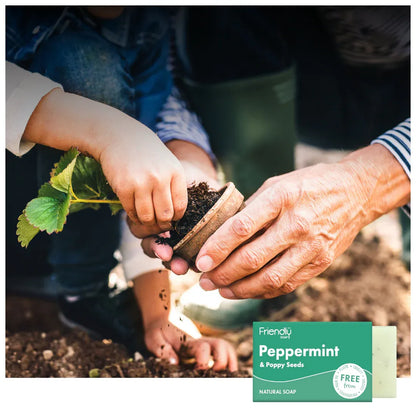 Two pairs of hands planting a seedling with a 'Friendly Soap' product in the corner.