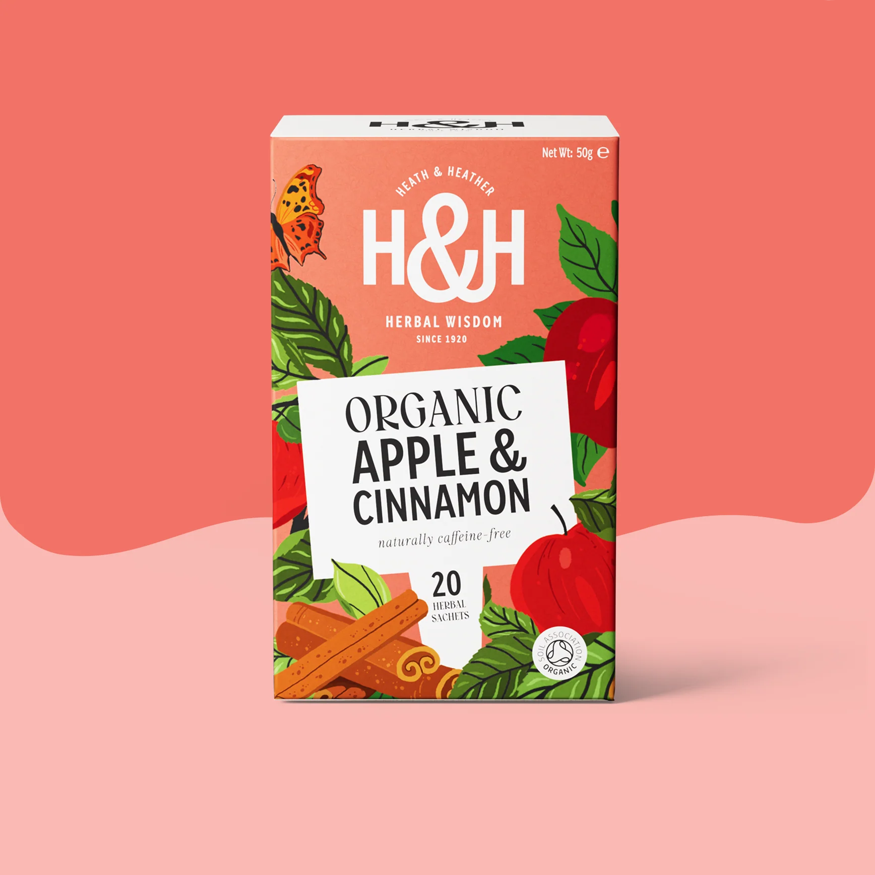 Heath & Heather Apple & Cinnamon Teabags Organic packaging featuring sweet apples and spicy cinnamon design.