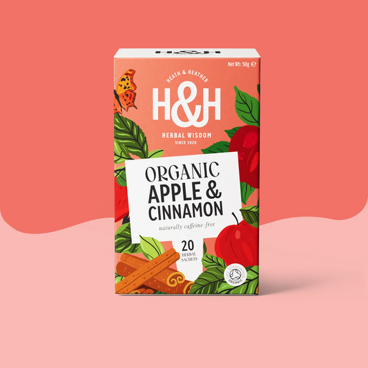 Heath & Heather Apple & Cinnamon Teabags Organic packaging featuring sweet apples and spicy cinnamon design.