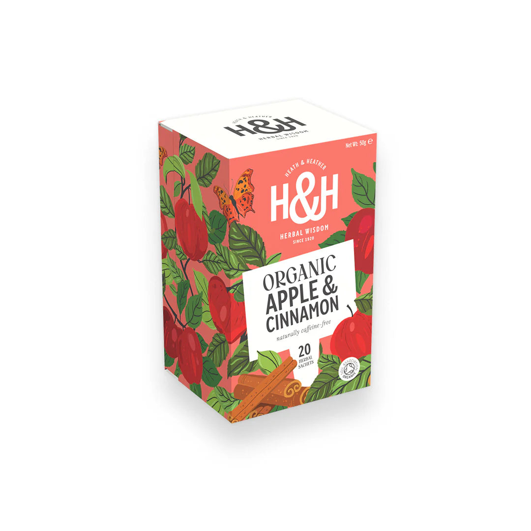 Heath & Heather Apple & Cinnamon Teabags Organic packaging featuring vibrant design with apples and cinnamon.