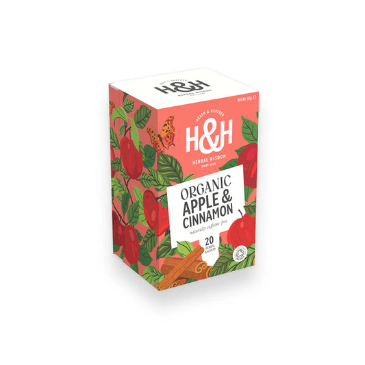 Heath & Heather Apple & Cinnamon Teabags Organic packaging featuring vibrant design with apples and cinnamon.