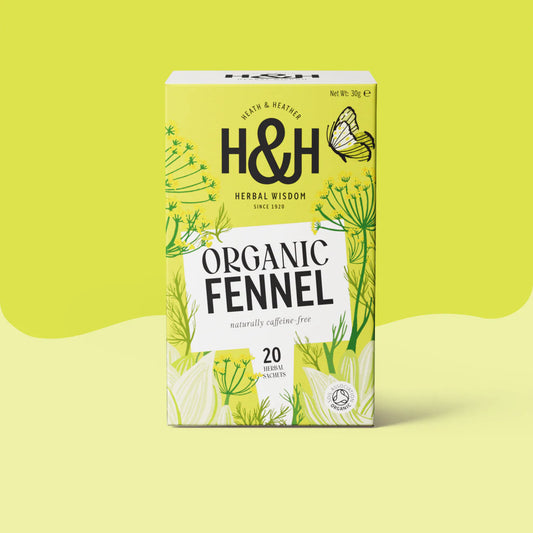 Heath & Heather Fennel Teabags Organic box with vibrant design on yellow background.