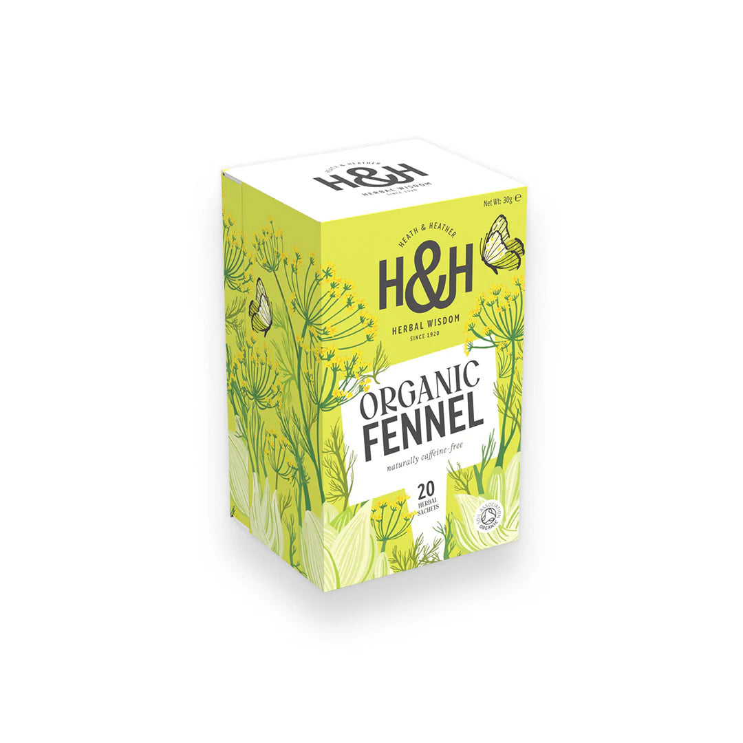 Heath & Heather Fennel Teabags Organic packaging featuring herbal design and 20 teabags.