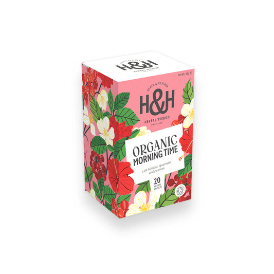 Heath & Heather Morning Time Teabags Organic packaging with floral design and 20 teabags inside for a refreshing tea.