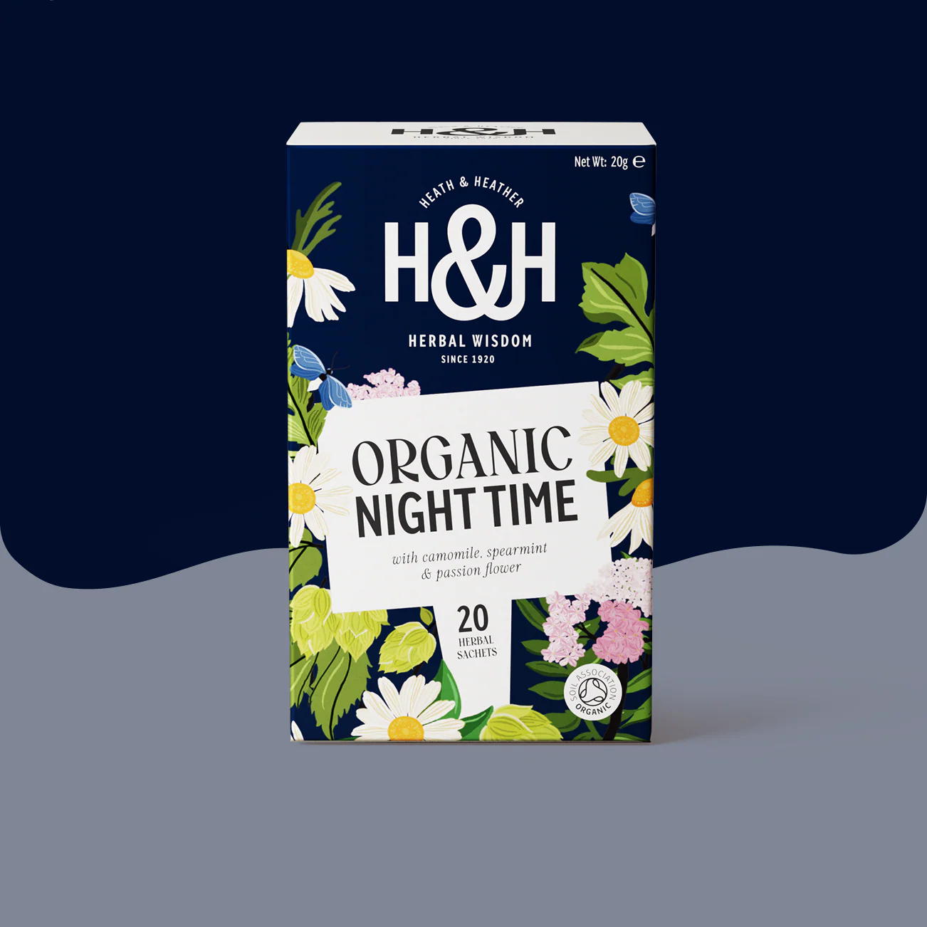 Heath & Heather Night Time Teabags Organic packaging featuring herbal ingredients for relaxation.