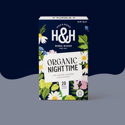 Heath & Heather Night Time Teabags Organic packaging featuring herbal ingredients for relaxation.