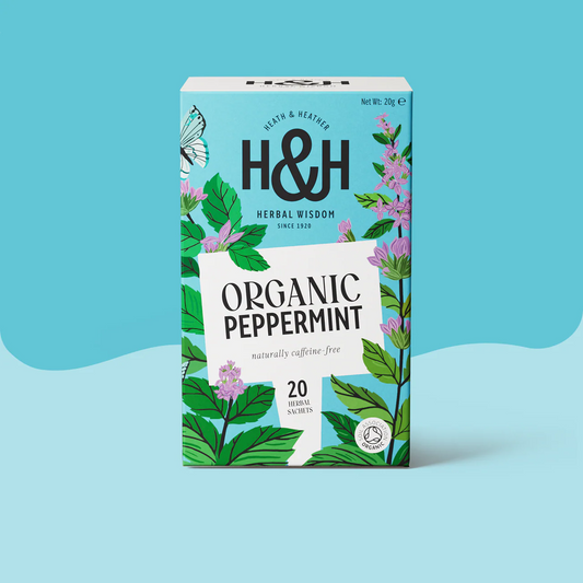 Heath & Heather Peppermint Teabags Organic packaging featuring herbal design and natural ingredients.