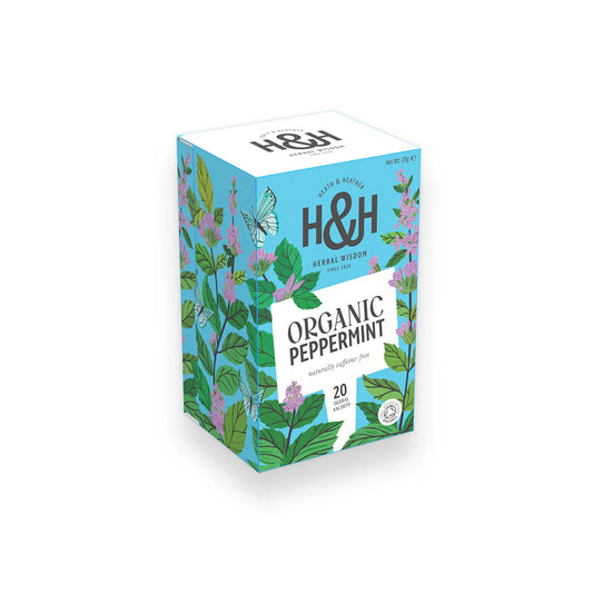 Heath & Heather Peppermint Teabags Organic product packaging featuring vibrant mint leaves.