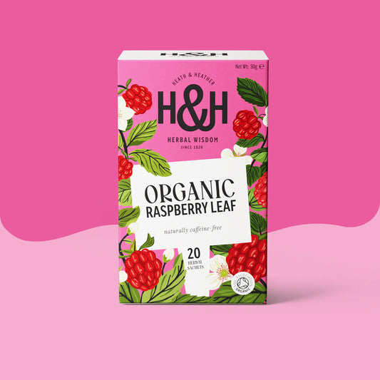 Heath & Heather Raspberry Leaf Teabags Organic packaging with raspberry and floral designs.