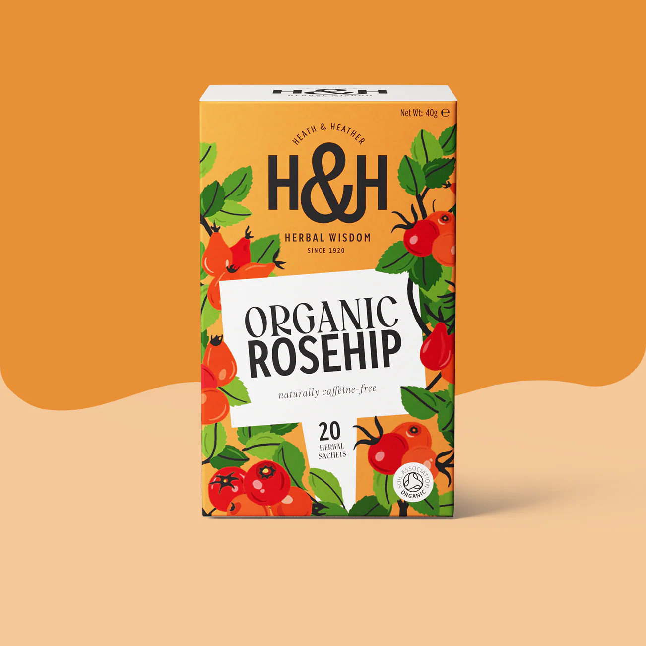 Heath & Heather Rosehip Teabags Organic packaging with vibrant illustrations and 20 natural teabags.