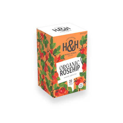 Heath & Heather Rosehip Teabags Organic packaging with vibrant design featuring rosehip berries.