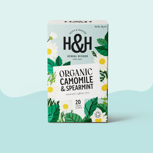 Heath & Heather Camomile & Spearmint Teabags Organic packaging with herbal design and 20 teabags.