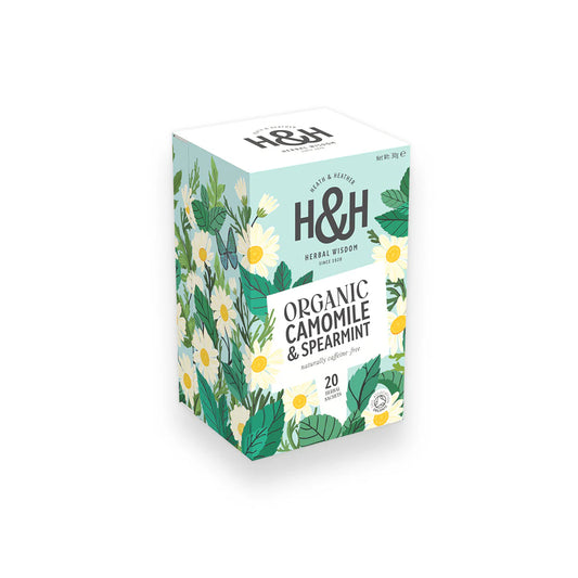 Heath & Heather Camomile & Spearmint Teabags Organic packaging with floral design and 20 teabags.