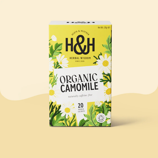 Heath & Heather Camomile Teabags Organic packaging featuring herbal design and 20 caffeine-free teabags.