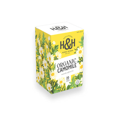 Heath & Heather Camomile Teabags Organic packaging featuring herbal infusion and chamomile flowers.