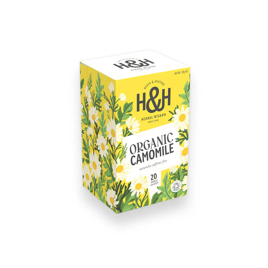 Heath & Heather Camomile Teabags Organic packaging featuring herbal infusion and chamomile flowers.