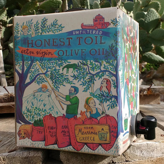 Honest Toil Olive Oil 3 Litre packaging showcasing unfiltered extra virgin olive oil in a colorful box.