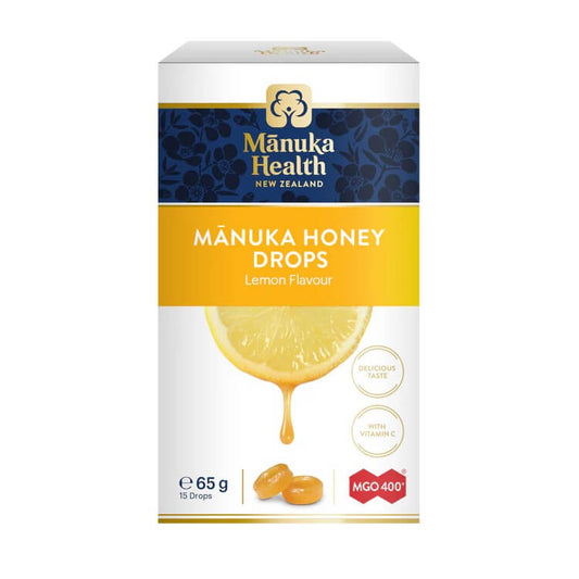 Manuka Health Honey Drops Lemon packaging featuring lemon flavor and MGO 400, ideal for soothing throat.