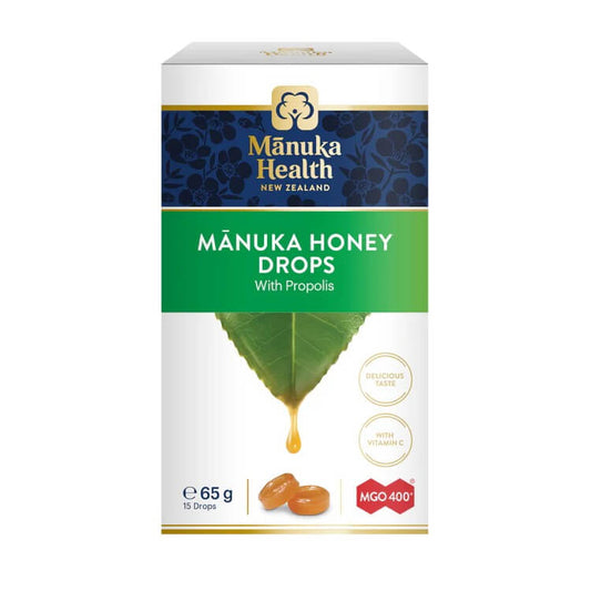Manuka Health Honey Drops Propolis packaging showcasing honey drops, natural ingredients, and MGO 400+