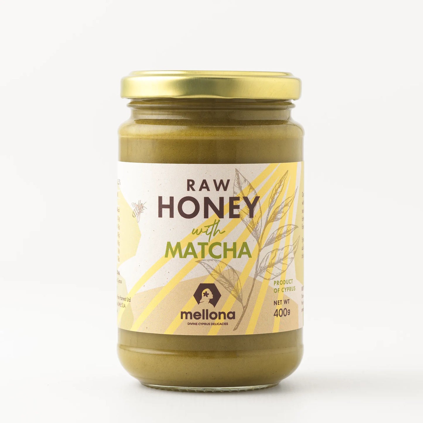 Mellona Raw Honey with Matcha in a 400g jar, blended with smooth raw blossom honey and matcha from Cyprus.