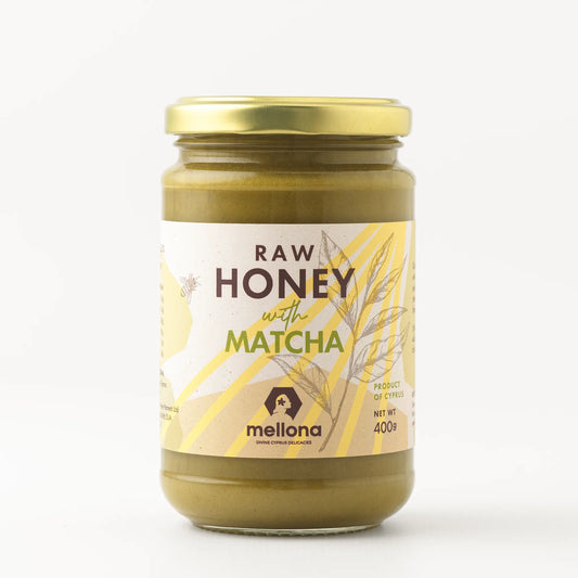 Mellona Raw Honey with Matcha in a 400g jar, blended with smooth raw blossom honey and matcha from Cyprus.