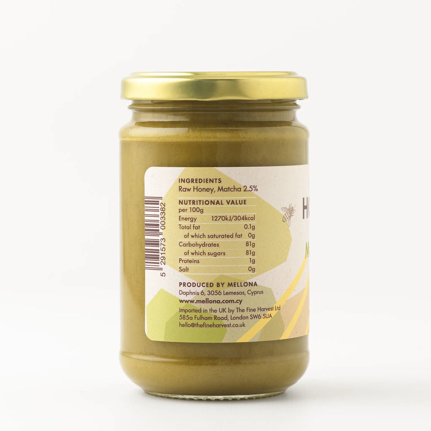 Mellona Raw Honey with Matcha jar showing ingredients and nutritional information.